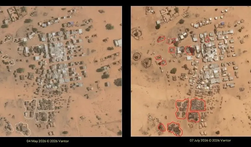 مختبر جامعة ييل يؤكد وقوع هجمات حرق متعمد من قبل قوات الدعم الثوري على قرى شمال دارفور 3 Satellite imagery by HRL between 4 May to 7 July shows dammage on sereval structures following attacks on Um Baru market North Darfur 802x469 1