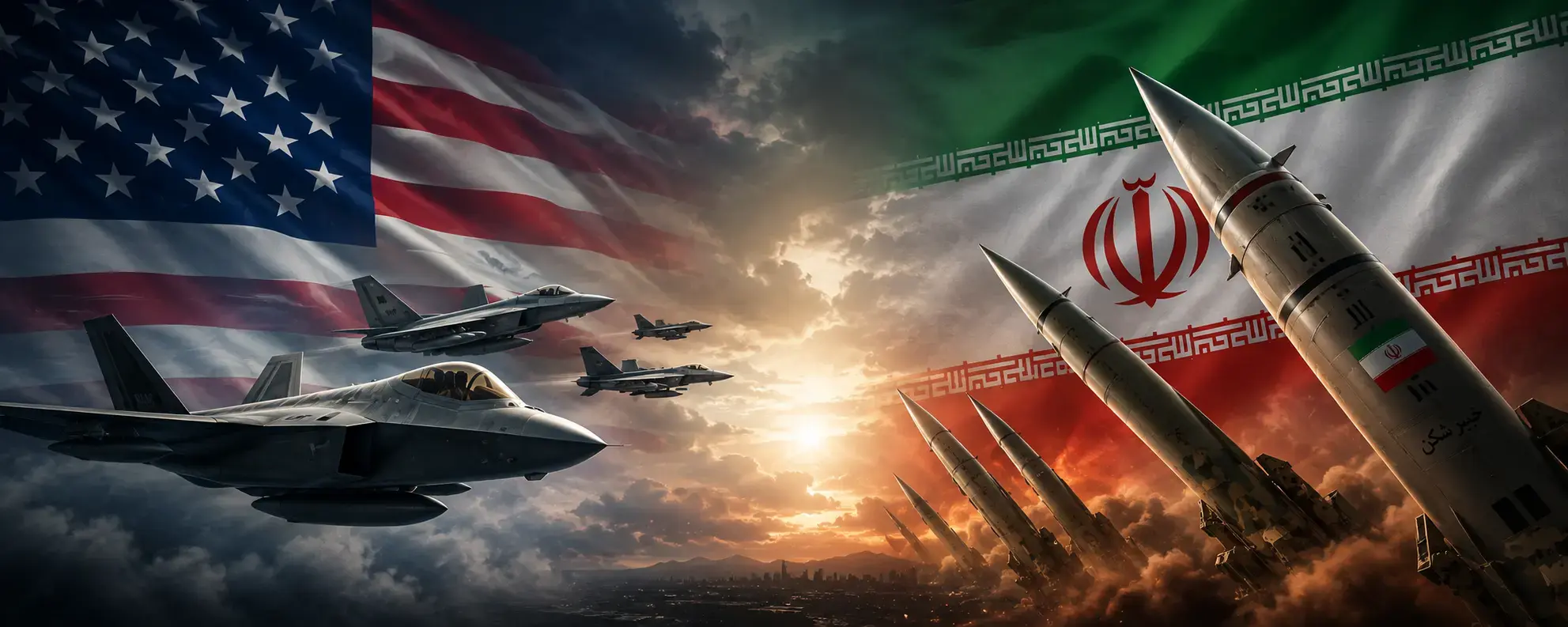تبادل ضربات عسكرية بين الولايات المتحدة وإيران مع ظهور مقاتلات أمريكية وصواريخ إيرانية أمام علمي البلدين وسط تصاعد التوترات في الخليج.
