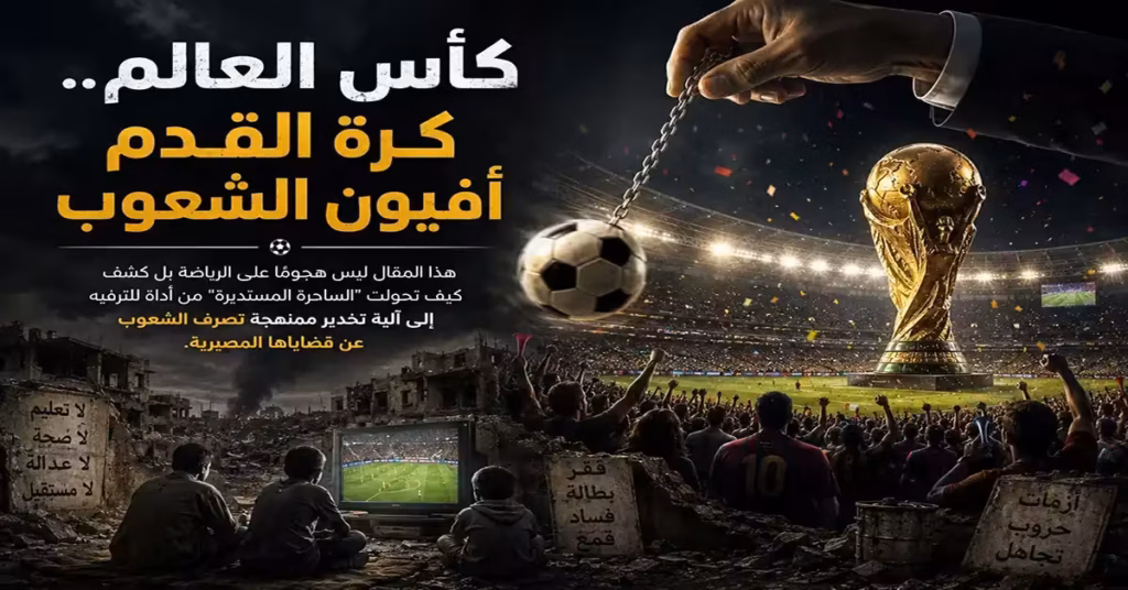 كأس العالم.. كرة القدم أفيون الشعوب 10 كأس العالم.. كرة القدم أفيون الشعوب يُظهر جماهير تحتفل بكرة القدم في ملعب ضخم، بينما تراقبها يد تحرك كرة معلقة كسلسلة، في مشهد رمزي يقارن بين شغف كرة القدم والأزمات الاجتماعية مثل الفقر والبطالة والحروب.