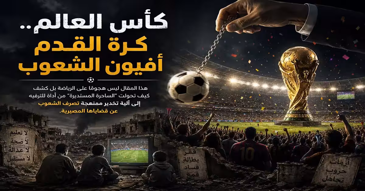 كأس العالم.. كرة القدم أفيون الشعوب 2 كأس العالم.. كرة القدم أفيون الشعوب يُظهر جماهير تحتفل بكرة القدم في ملعب ضخم، بينما تراقبها يد تحرك كرة معلقة كسلسلة، في مشهد رمزي يقارن بين شغف كرة القدم والأزمات الاجتماعية مثل الفقر والبطالة والحروب.