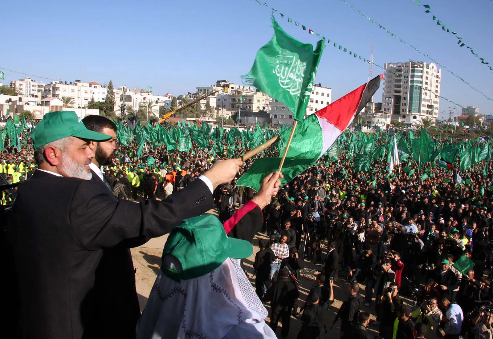 Ismail Haniyeh waves to his supporters Hamas rally Gaza city December 15 2007