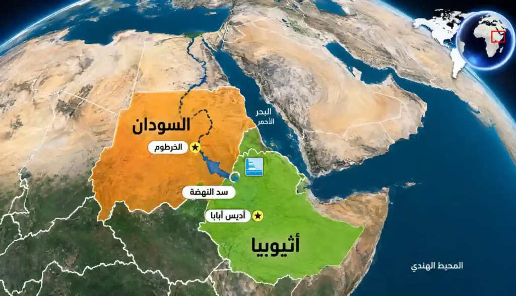 "النيل ينازع".. إثيوبيا تحكم قبضتها على شريان الحياة في مصر والسودان 2 سد النهضة في الخريطة 1024x587 1