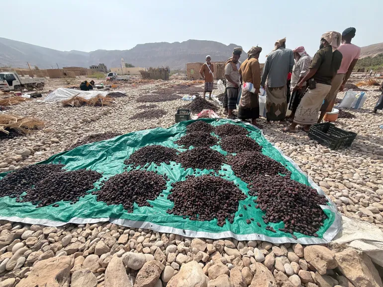 Sellers and buyers negotiate date prices beside piles of fruit at Hajrs open air date market. Saeed Al Batati Al Jazeera 1788311148